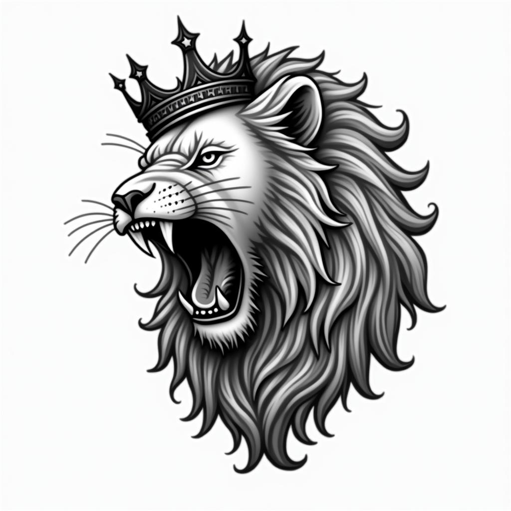 Roaring lion with a flowing mane with a crownin authentic tattoo style, incorporating traditional modifications, bold black outlines, solid color fills, featuring classic authentic elements - Variation 1