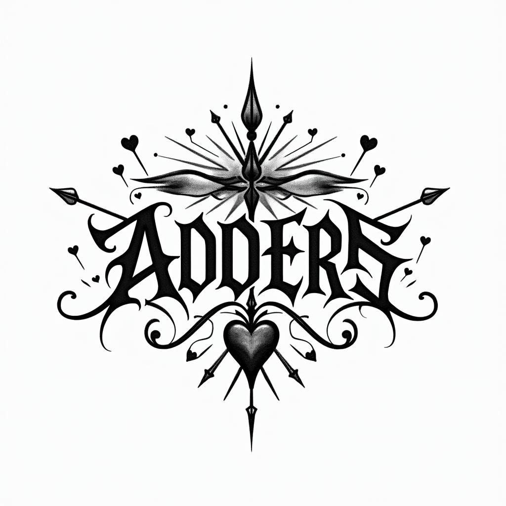 I want to express my desire to not forget my father's illness with waveforms, hearts, and arrows.text-based tattoo, gothic font ultra-realistic, perfectly placed, high-quality font design, photo-realistic shading, 8k, high quality, finely detailed typography - Variation 3