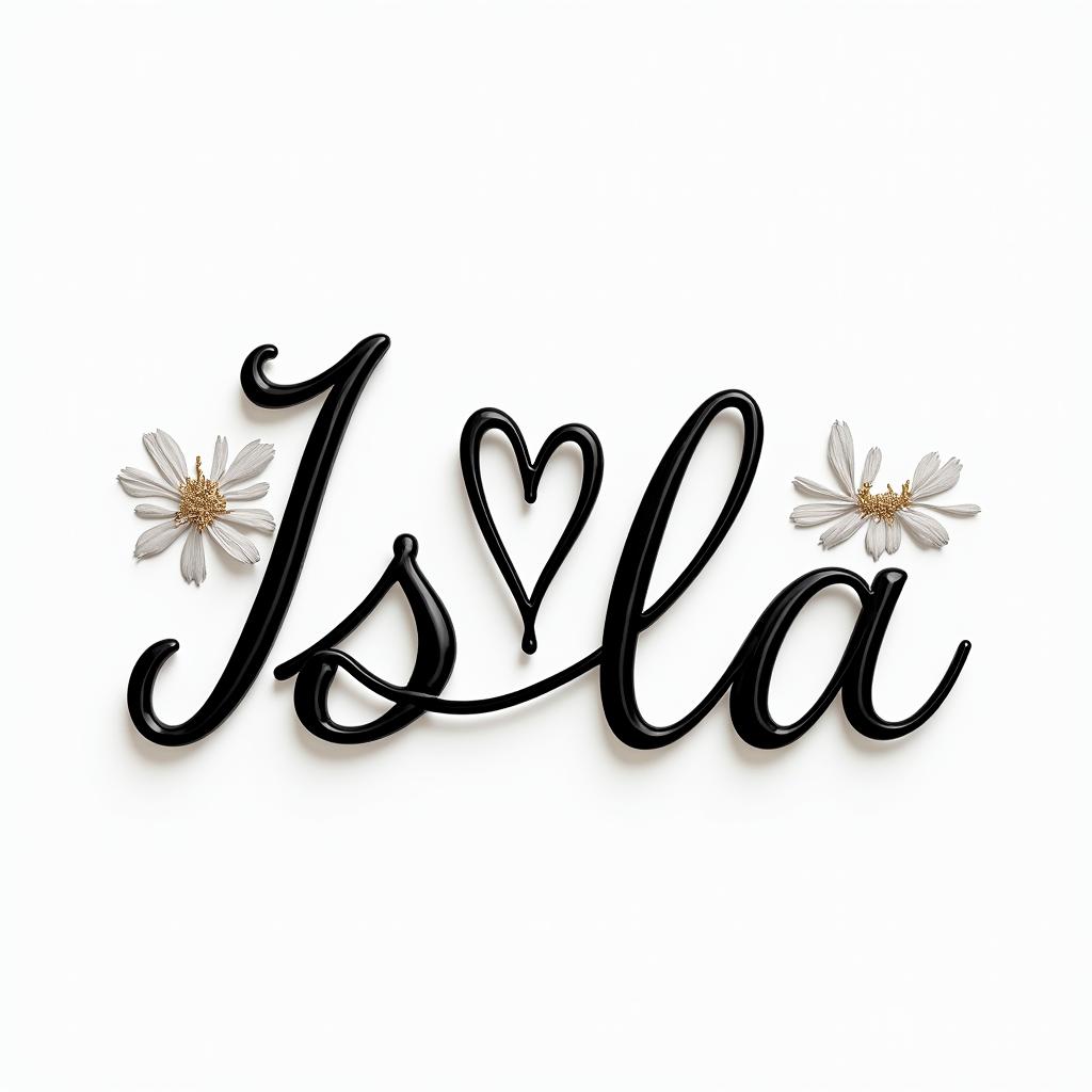 Isla orlain elegant cursive calligraphy style 2d tattoo, decorate with roses, featuring a smooth and flowing handwritten script with slightly thickened strokes for a luxurious and bold appearance,  heart symbol between names,  sleek and glossy black text with shadowing, minimalist matte white background, clean and sharp edges, illuminated with soft lighting, romantic, 8k, high-quality textures with refined typography - Variation 2