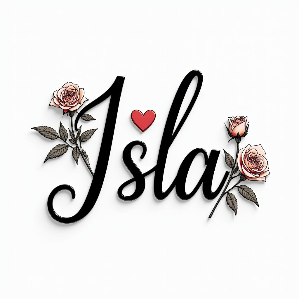 Isla orlain elegant cursive calligraphy style 2d tattoo, decorate with roses, featuring a smooth and flowing handwritten script with slightly thickened strokes for a luxurious and bold appearance,  heart symbol between names,  sleek and glossy black text with shadowing, minimalist matte white background, clean and sharp edges, illuminated with soft lighting, romantic, 8k, high-quality textures with refined typography - Variation 3