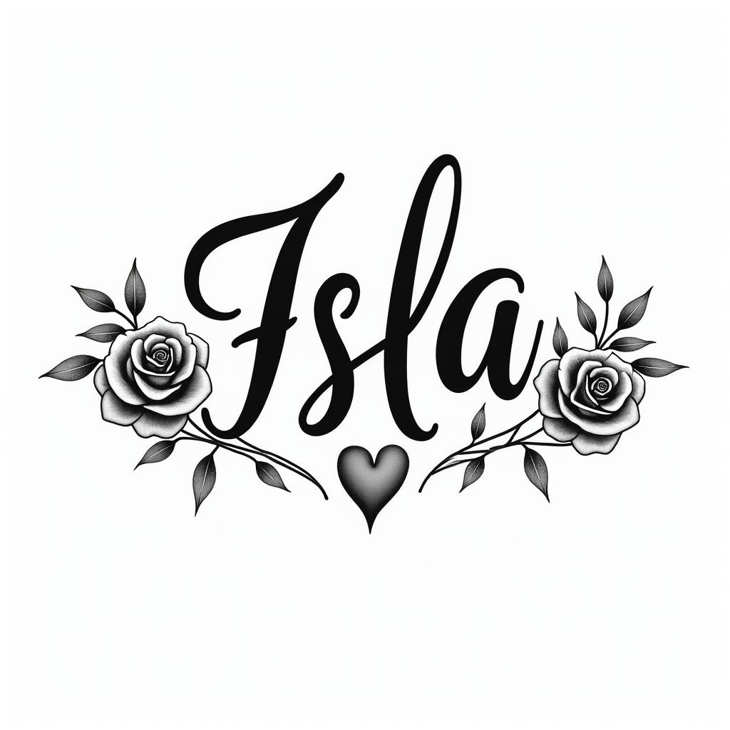 Isla orlain elegant cursive calligraphy style 2d tattoo, decorate with roses, featuring a smooth and flowing handwritten script with slightly thickened strokes for a luxurious and bold appearance,  heart symbol between names,  sleek and glossy black text with shadowing, minimalist matte white background, clean and sharp edges, illuminated with soft lighting, romantic, 8k, high-quality textures with refined typography - Variation 4