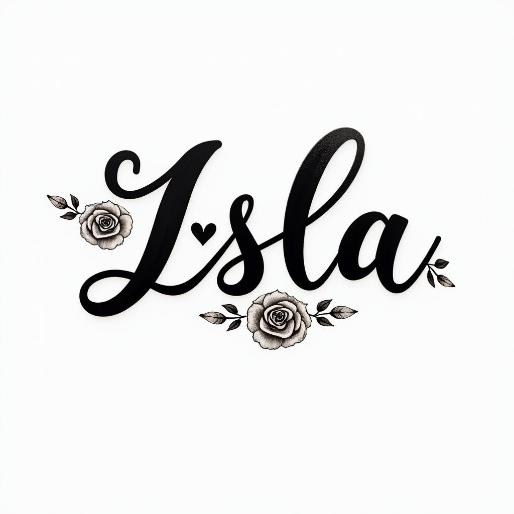 Isla orlain elegant cursive calligraphy style 2d tattoo, decorate with roses, featuring a smooth and flowing handwritten script with slightly thickened strokes for a luxurious and bold appearance,  heart symbol between names,  sleek and glossy black text with shadowing, minimalist matte white background, clean and sharp edges, illuminated with soft lighting, romantic, 8k, high-quality textures with refined typography
