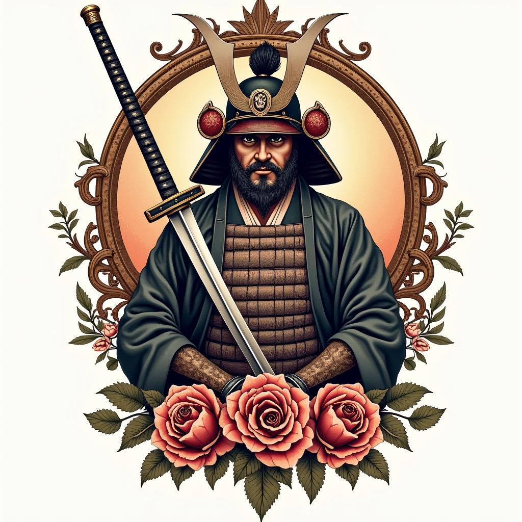 Samurai with a katanain victorian style tattoo, featuring vintage and elegant elements, ornate frames, roses, antique, sepia-toned color scheme - Variation 14