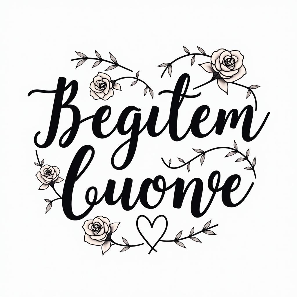 I want to remember my father's illness. I want to express it with waveforms, hearts, and arrows.in elegant cursive calligraphy style 2d tattoo, decorate with roses, featuring a smooth and flowing handwritten script with slightly thickened strokes for a luxurious and bold appearance,  heart symbol between names,  sleek and glossy black text with shadowing, minimalist matte white background, clean and sharp edges, illuminated with soft lighting, romantic, 8k, high-quality textures with refined typography - Variation 3