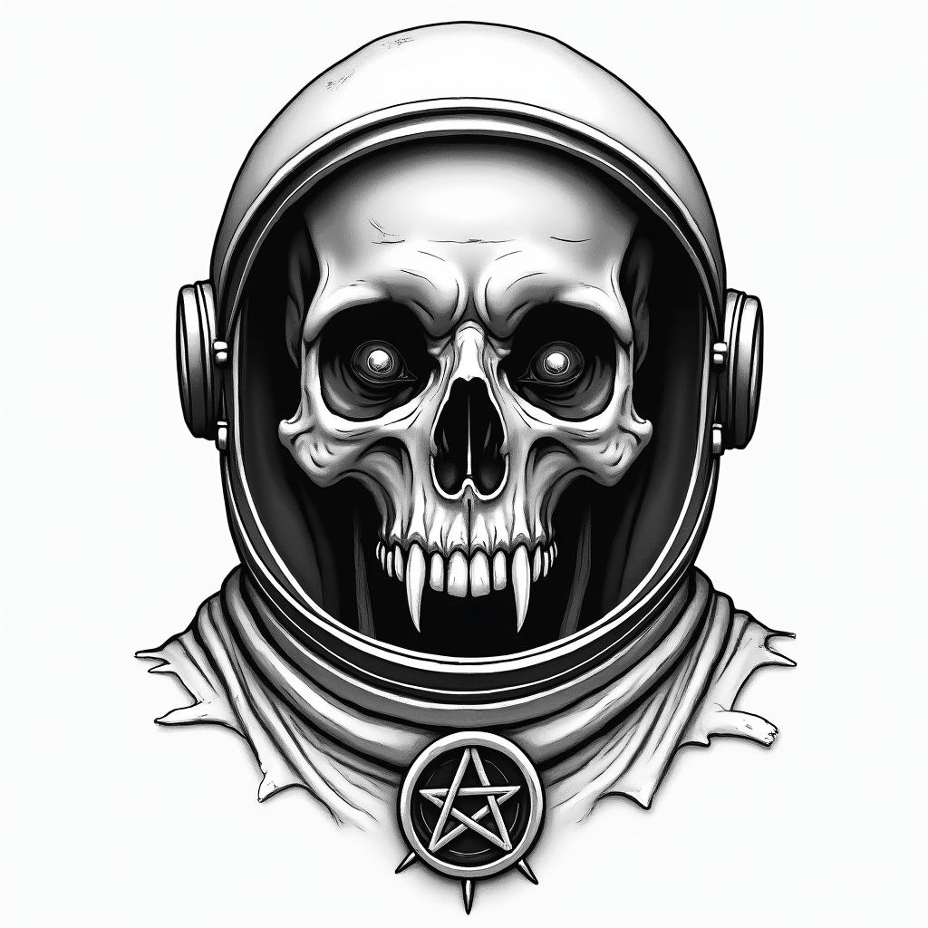 Space skull astronautcreepy horror tattoo style, featuring an eerie and unsettling skull of a demonic creature, distorted face with sharp fangs, add pentagram symbol - Variation 4