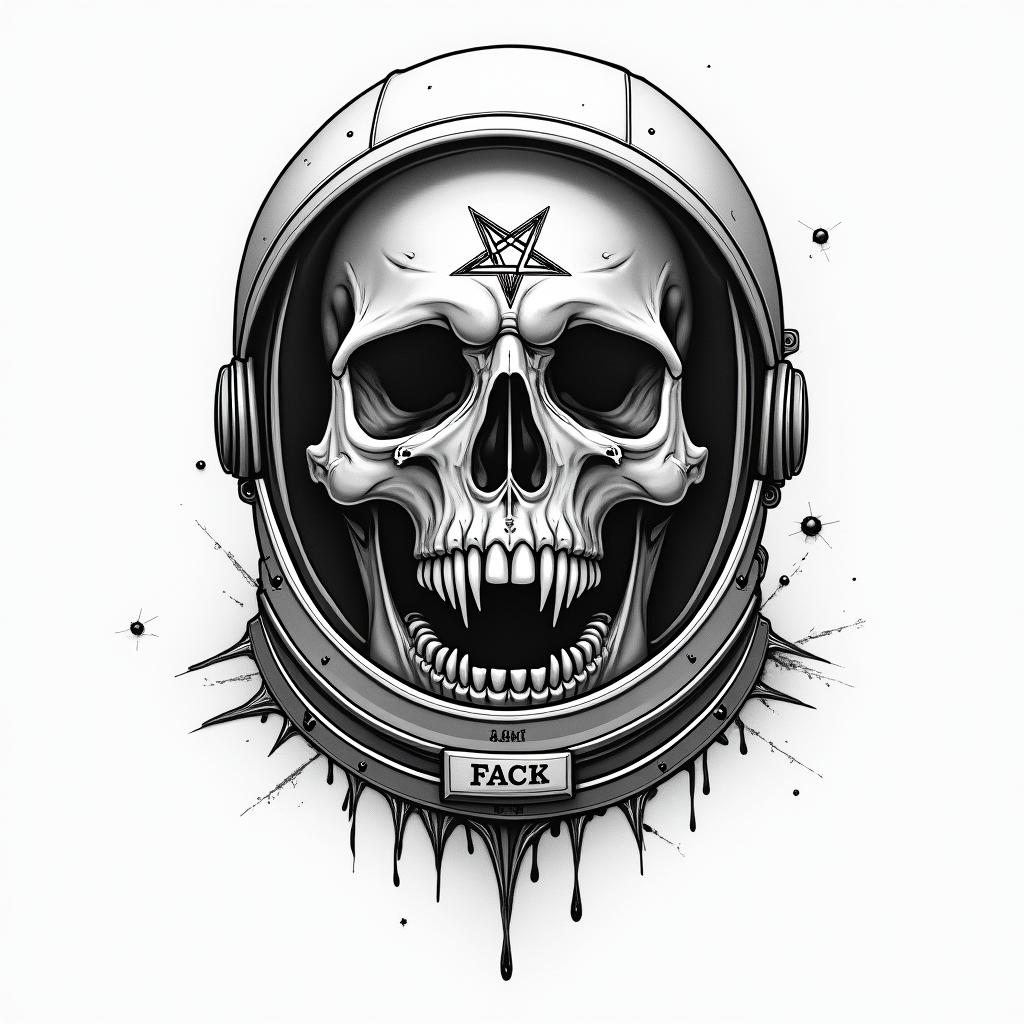 Space skull astronautcreepy horror tattoo style, featuring an eerie and unsettling skull of a demonic creature, distorted face with sharp fangs, add pentagram symbol - Variation 3