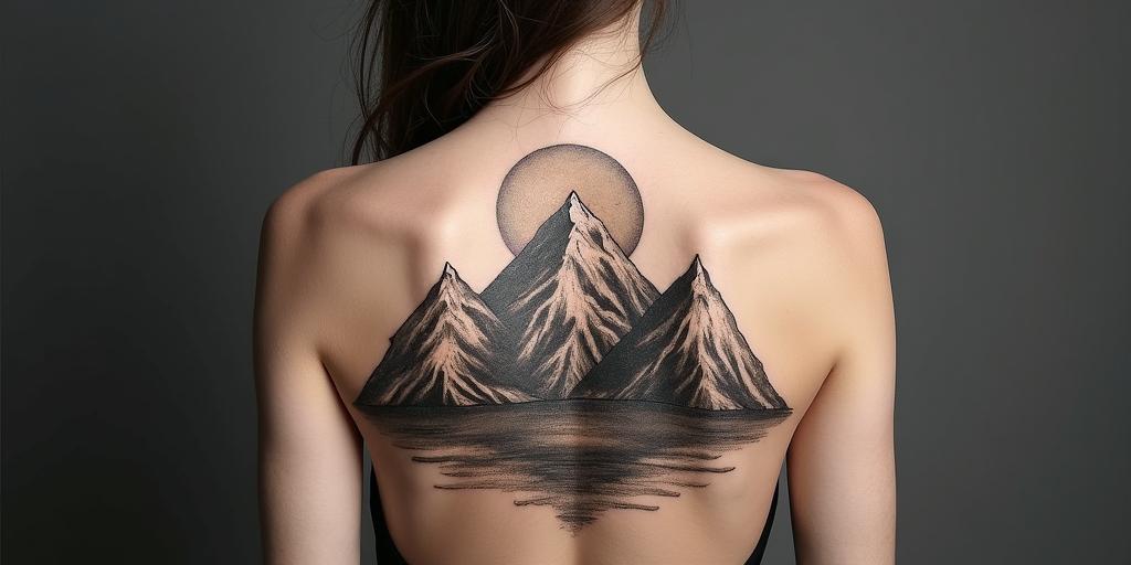 Mountain range with a rising sun in geometric style tattoo, blending hexagons, mandala-inspired patterns, symmetrical and fractal design, clean lines, sharp angles - Variation 7