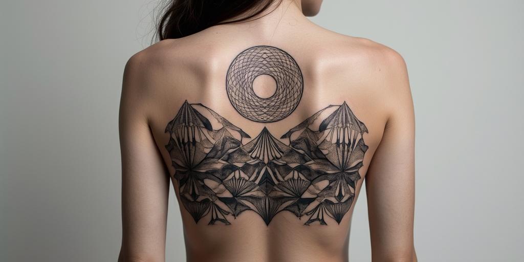 Mountain range with a rising sun in geometric style tattoo, blending hexagons, mandala-inspired patterns, symmetrical and fractal design, clean lines, sharp angles - Variation 6