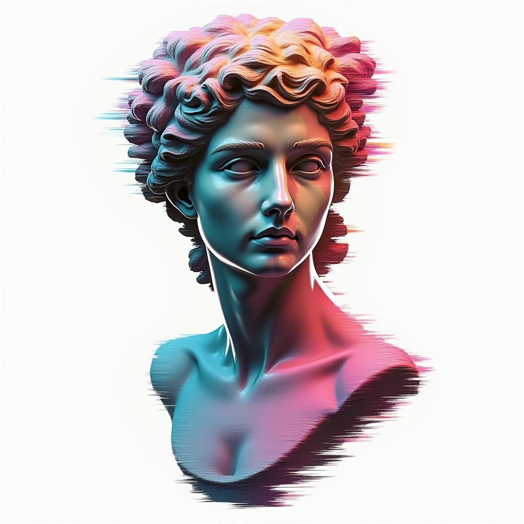 Amberin distorted and fragmented tattoo design, featuring a classical statue bust, in a glitch art style with vibrant, overlapping colors of cyan, magenta, and yellow, creating a digital distortion effect - Variation 3