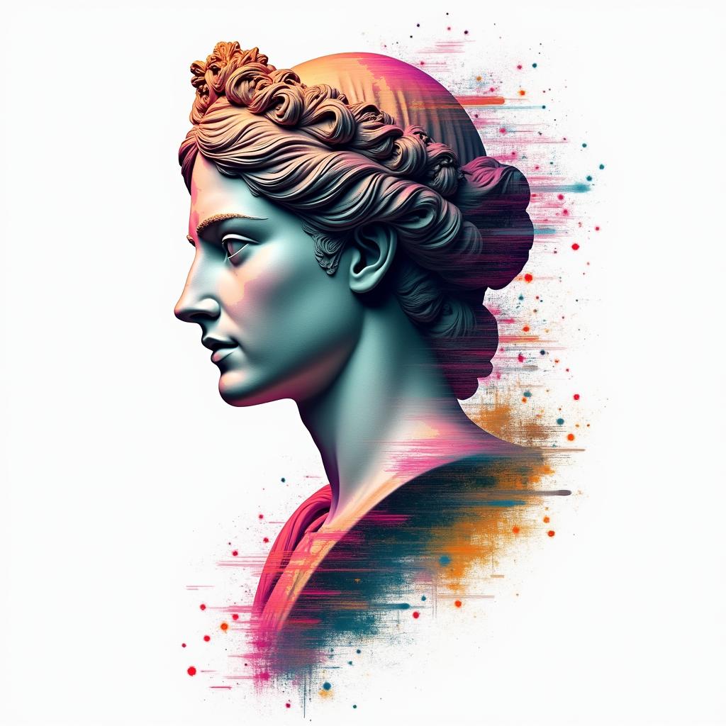 Amberin distorted and fragmented tattoo design, featuring a classical statue bust, in a glitch art style with vibrant, overlapping colors of cyan, magenta, and yellow, creating a digital distortion effect - Variation 4