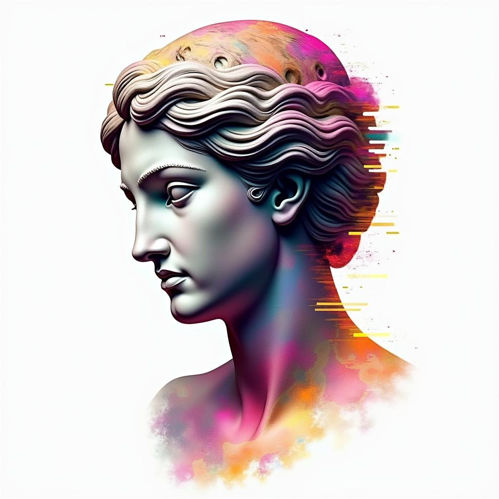 Amberin distorted and fragmented tattoo design, featuring a classical statue bust, in a glitch art style with vibrant, overlapping colors of cyan, magenta, and yellow, creating a digital distortion effect - Variation 2