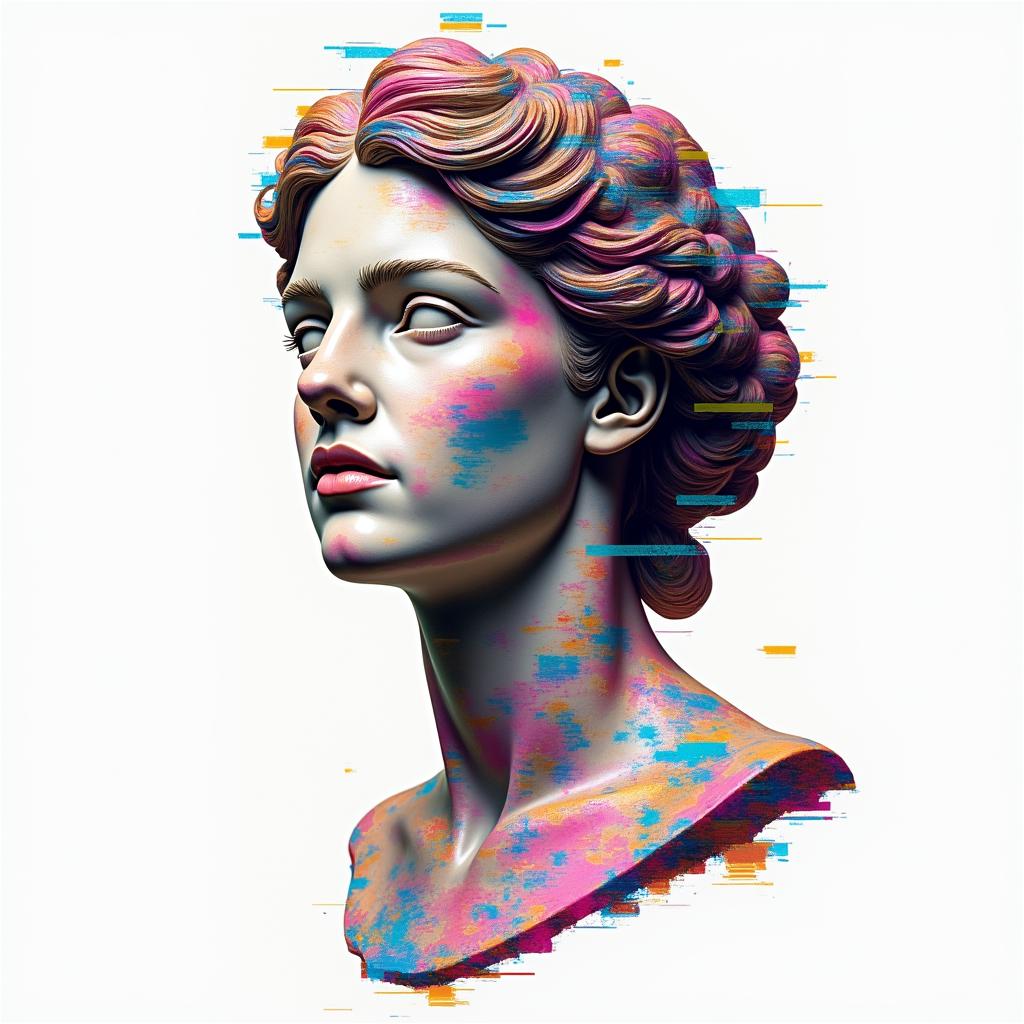 Amberin distorted and fragmented tattoo design, featuring a classical statue bust, in a glitch art style with vibrant, overlapping colors of cyan, magenta, and yellow, creating a digital distortion effect