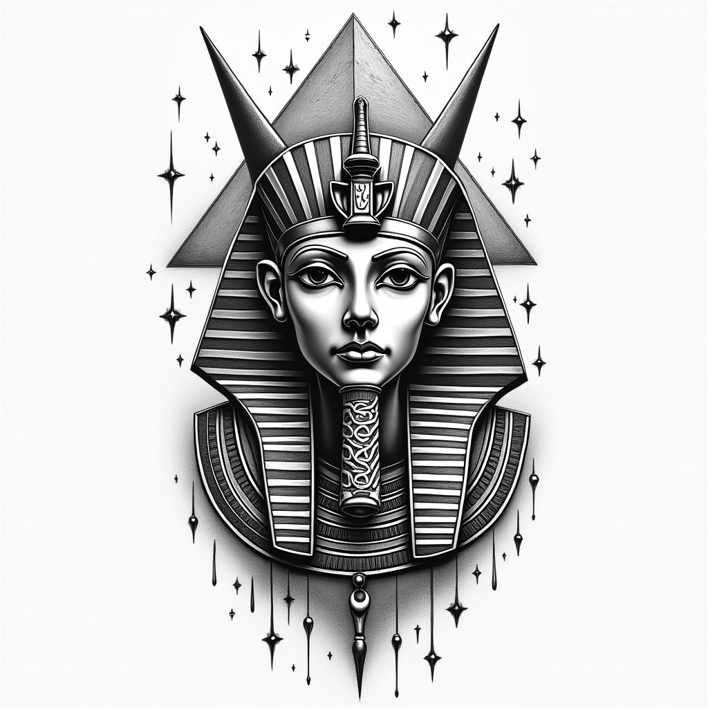Various Egyptian pyramids bicepsin egyptian style tattoo, bold elements of ancient egyptian culture including a portrait of an Egyptian pharaoh with detailed facial features, in hieroglyphs and symbolic imagery, eye of horus, ankh symbol, scarab beetle - Variation 4