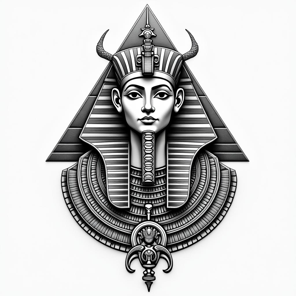 Various Egyptian pyramids bicepsin egyptian style tattoo, bold elements of ancient egyptian culture including a portrait of an Egyptian pharaoh with detailed facial features, in hieroglyphs and symbolic imagery, eye of horus, ankh symbol, scarab beetle - Variation 2