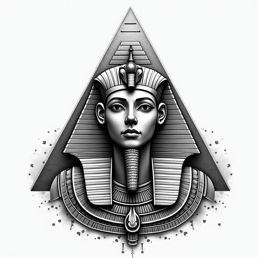 Various Egyptian pyramids bicepsin egyptian style tattoo, bold elements of ancient egyptian culture including a portrait of an Egyptian pharaoh with detailed facial features, in hieroglyphs and symbolic imagery, eye of horus, ankh symbol, scarab beetle