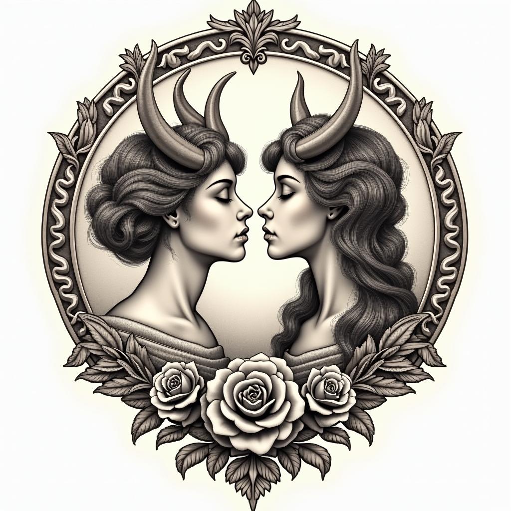 Taurus and Aquariusin victorian style tattoo, featuring vintage and elegant elements, ornate frames, roses, antique, sepia-toned color scheme - Variation 3