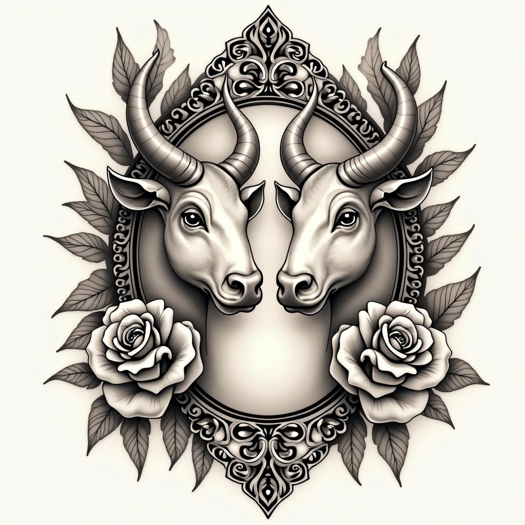 Taurus and Aquariusin victorian style tattoo, featuring vintage and elegant elements, ornate frames, roses, antique, sepia-toned color scheme - Variation 4