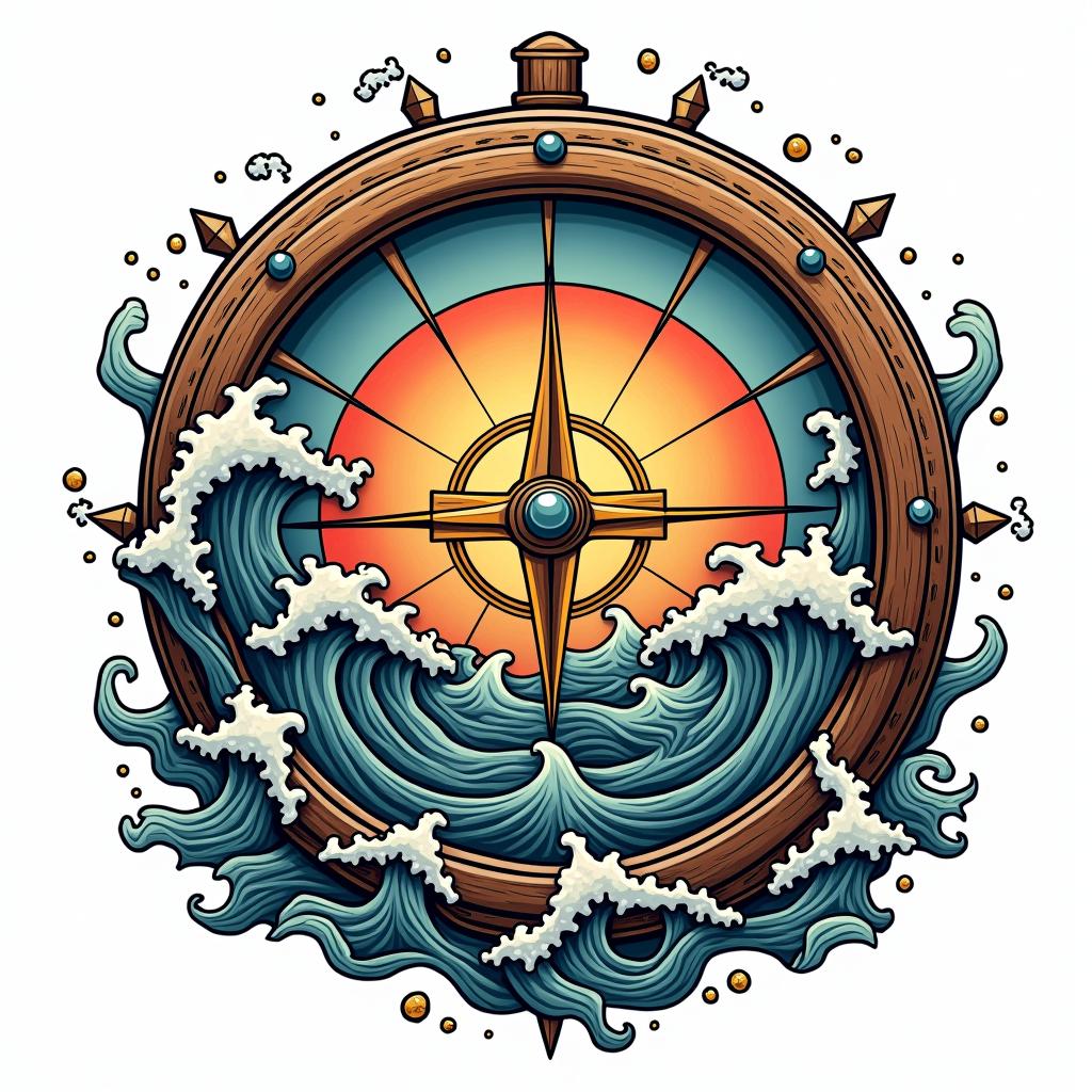 Compass surrounded by ocean wavesin pop art style tattoo, featuring bold and vibrant colors, exaggerated outlines, iconic imagery, inspired by comic books and speech bubbles, comic book characters, retro pop culture - Variation 9