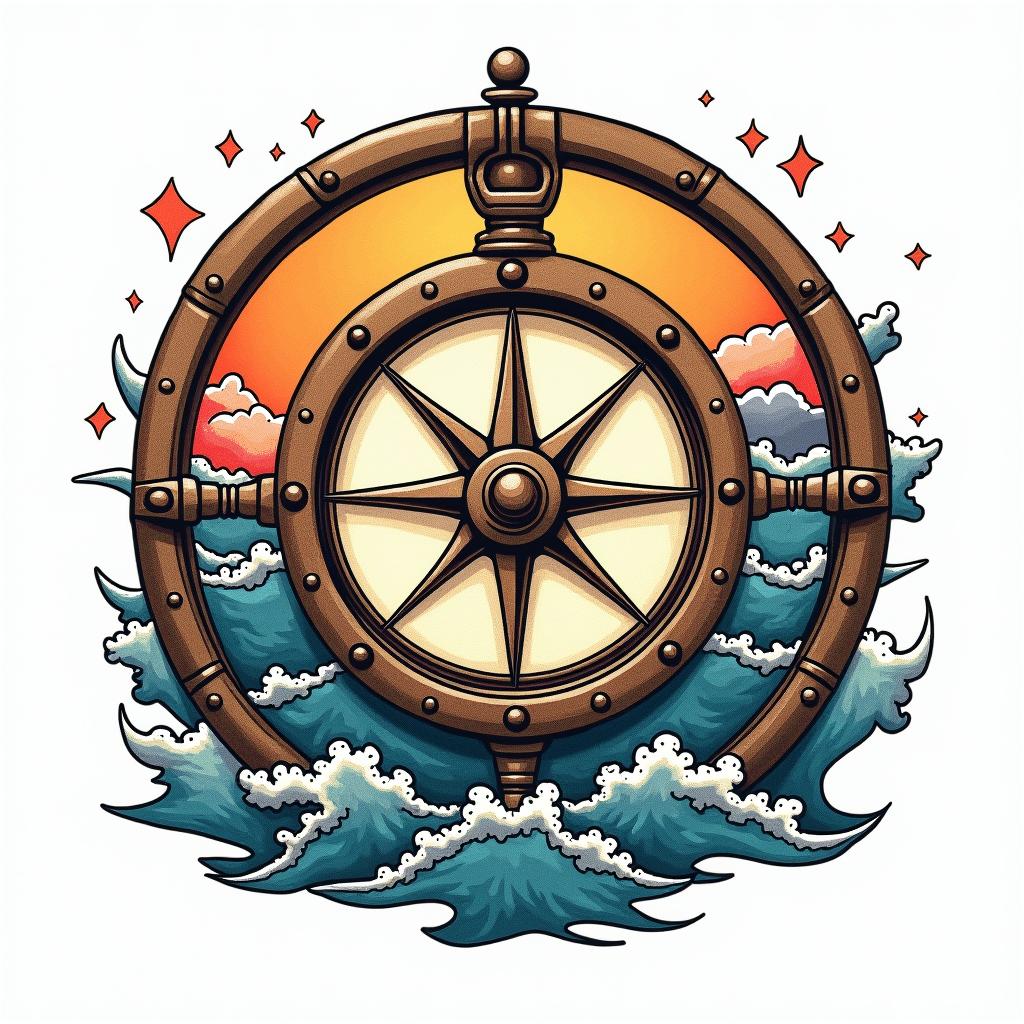 Compass surrounded by ocean wavesin pop art style tattoo, featuring bold and vibrant colors, exaggerated outlines, iconic imagery, inspired by comic books and speech bubbles, comic book characters, retro pop culture - Variation 6