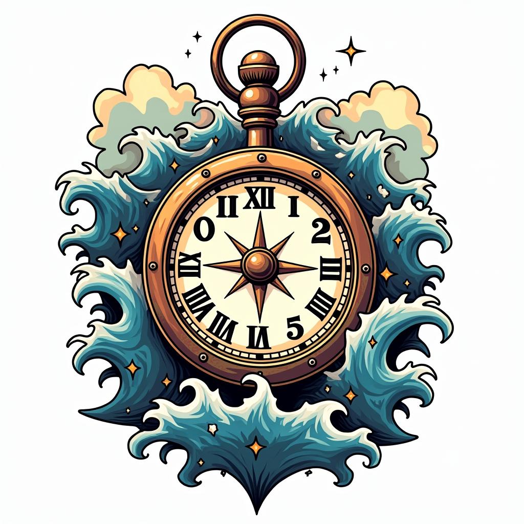 Compass surrounded by ocean wavesin pop art style tattoo, featuring bold and vibrant colors, exaggerated outlines, iconic imagery, inspired by comic books and speech bubbles, comic book characters, retro pop culture - Variation 7