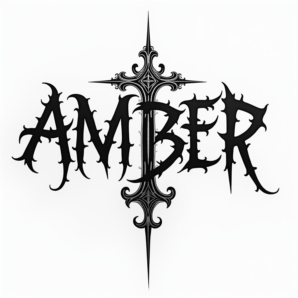 Ambertext-based tattoo, gothic font ultra-realistic, perfectly placed, high-quality font design, photo-realistic shading, 8k, high quality, finely detailed typography - Variation 4