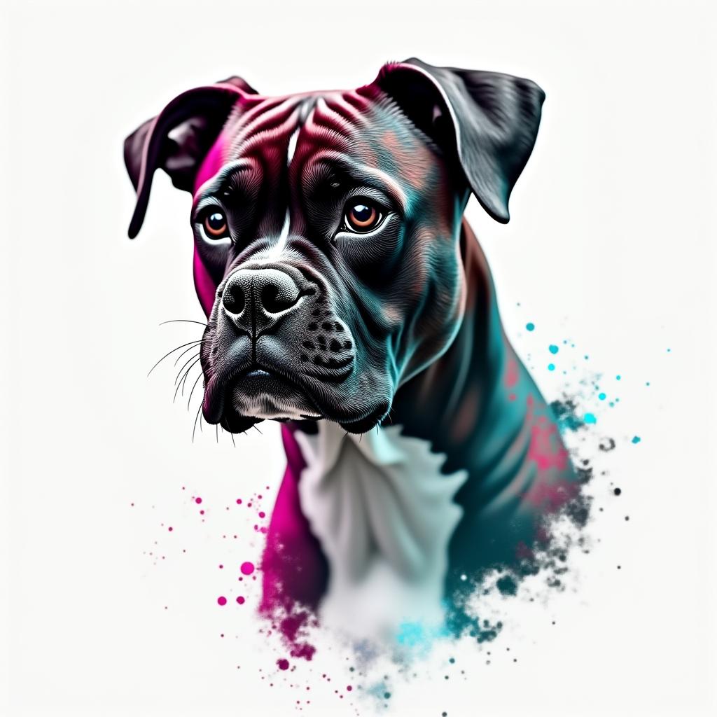 Boxer dogin distorted and fragmented tattoo design, featuring a classical statue bust, in a glitch art style with vibrant, overlapping colors of cyan, magenta, and yellow, creating a digital distortion effect - Variation 2