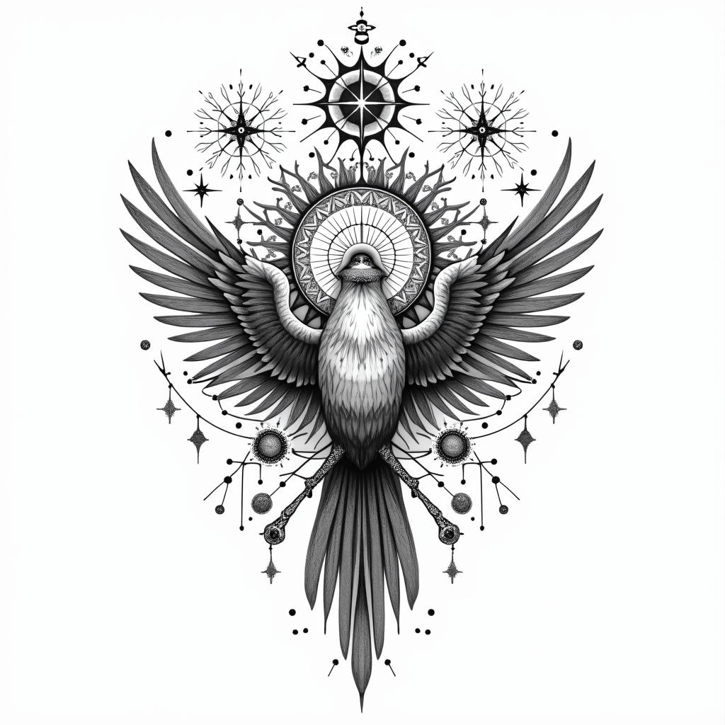 Loving you in every lifetime birdin prophecy tattoo style, featuring mystical symbols, celestial imagery like stars, moons, suns, geometric patterns, foretelling elements, an eye of wisdom - Variation 3