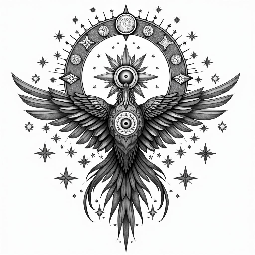 Loving you in every lifetime birdin prophecy tattoo style, featuring mystical symbols, celestial imagery like stars, moons, suns, geometric patterns, foretelling elements, an eye of wisdom