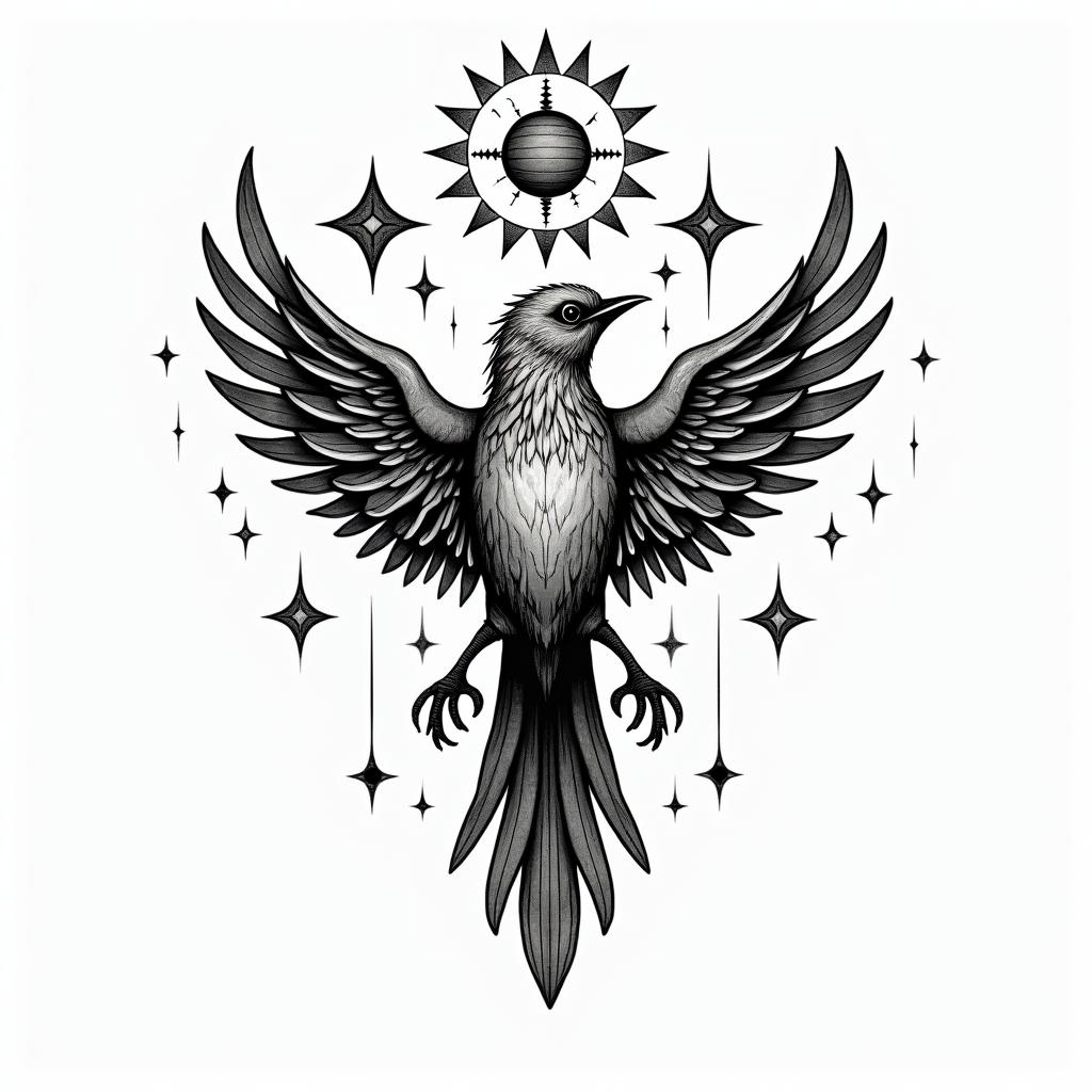 Loving you in every lifetime birdin prophecy tattoo style, featuring mystical symbols, celestial imagery like stars, moons, suns, geometric patterns, foretelling elements, an eye of wisdom - Variation 4