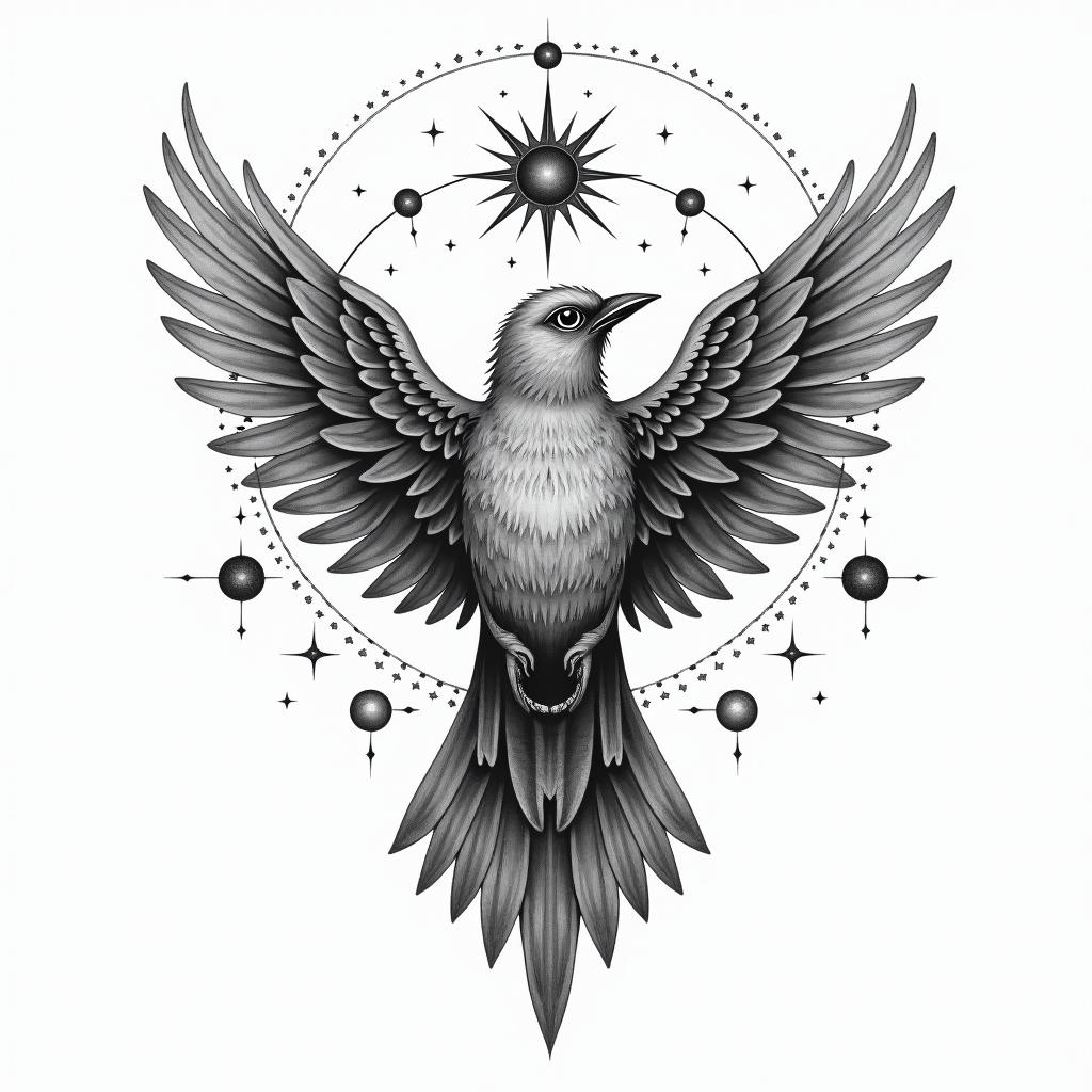 Loving you in every lifetime birdin prophecy tattoo style, featuring mystical symbols, celestial imagery like stars, moons, suns, geometric patterns, foretelling elements, an eye of wisdom - Variation 2
