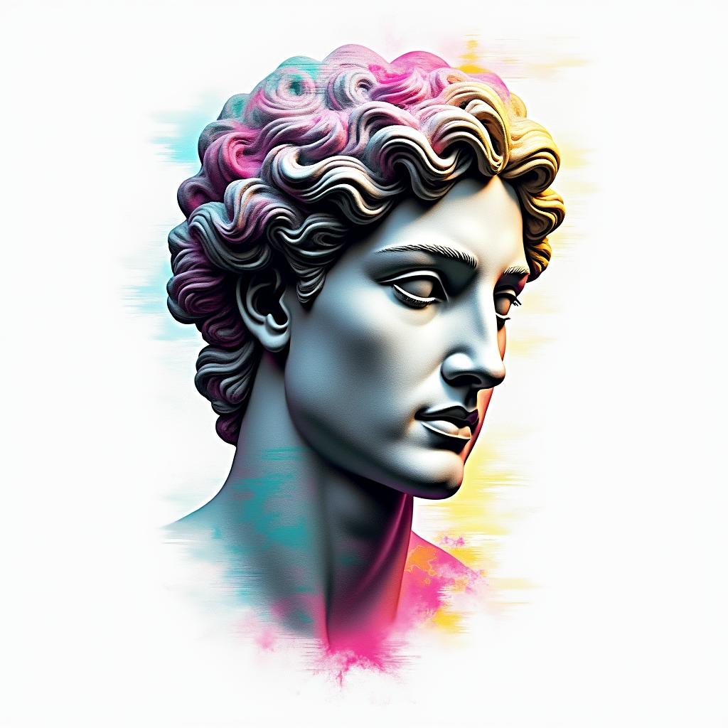 Aquariusin distorted and fragmented tattoo design, featuring a classical statue bust, in a glitch art style with vibrant, overlapping colors of cyan, magenta, and yellow, creating a digital distortion effect - Variation 4