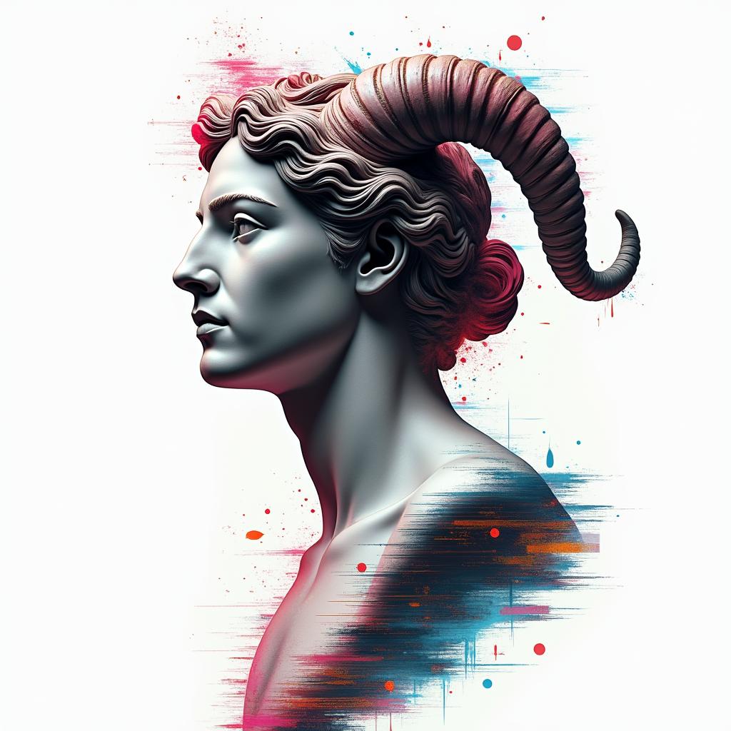 Taurus and Aquariusin distorted and fragmented tattoo design, featuring a classical statue bust, in a glitch art style with vibrant, overlapping colors of cyan, magenta, and yellow, creating a digital distortion effect - Variation 3