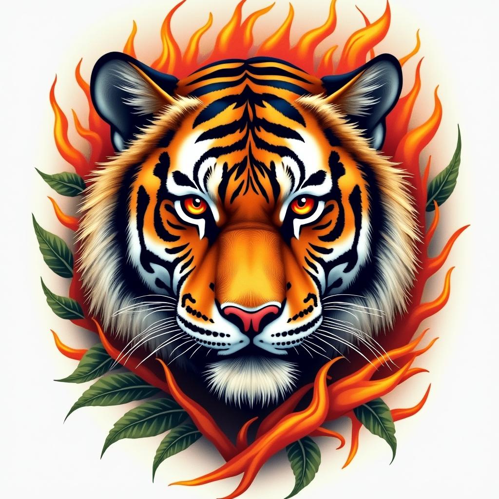 Tiger with intense eyes in a junglein flame tattoo style showcasing fiery elements with dynamic flame patterns, glowing effect of flames, natural colors