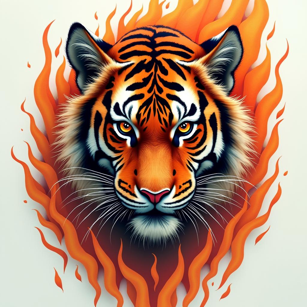 Tiger with intense eyes in a junglein flame tattoo style showcasing fiery elements with dynamic flame patterns, glowing effect of flames, natural colors - Variation 2