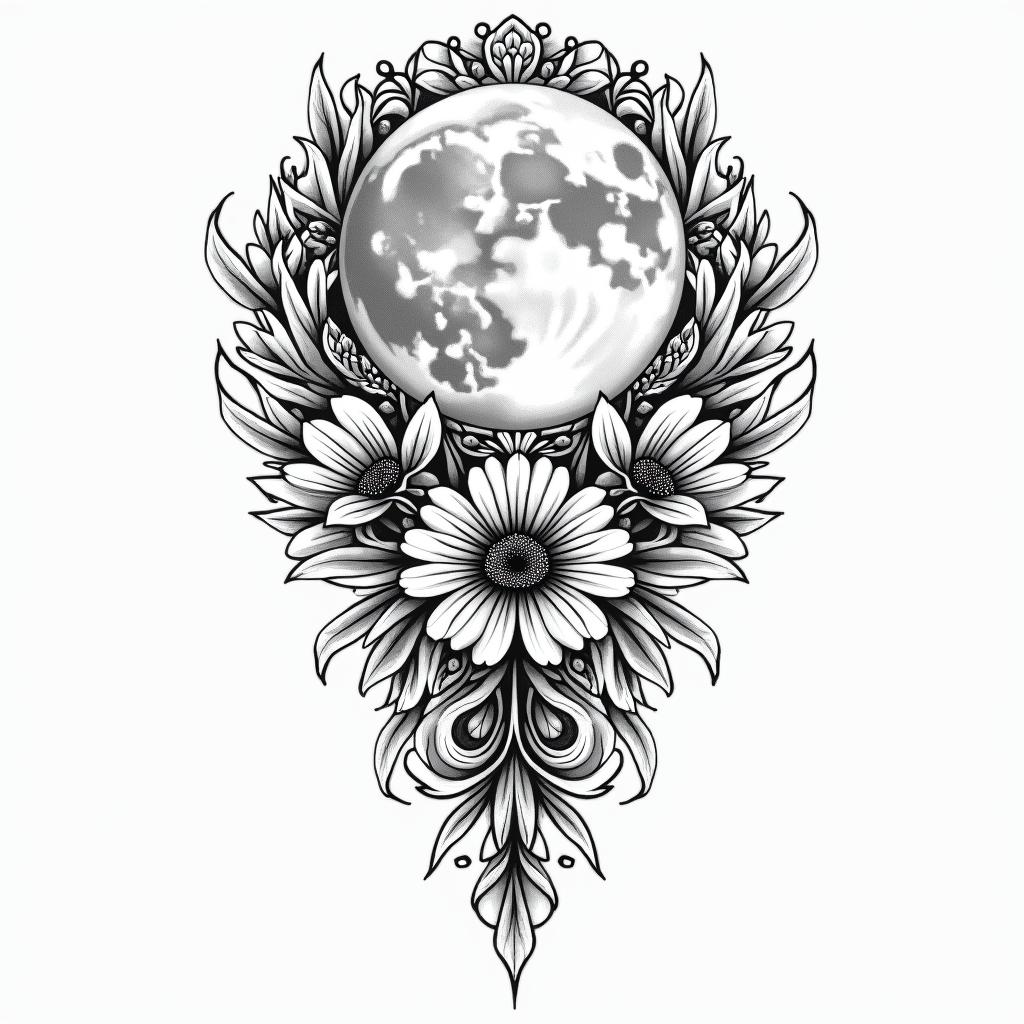 Fully ornamental, a moon is created in the middle and some details of flowers.in ornamental tattoo style, featuring intricate symmetrical patterns and floral designs, showcasing highly detailed line work and geometric shapes, creating a sense of elegance and balance