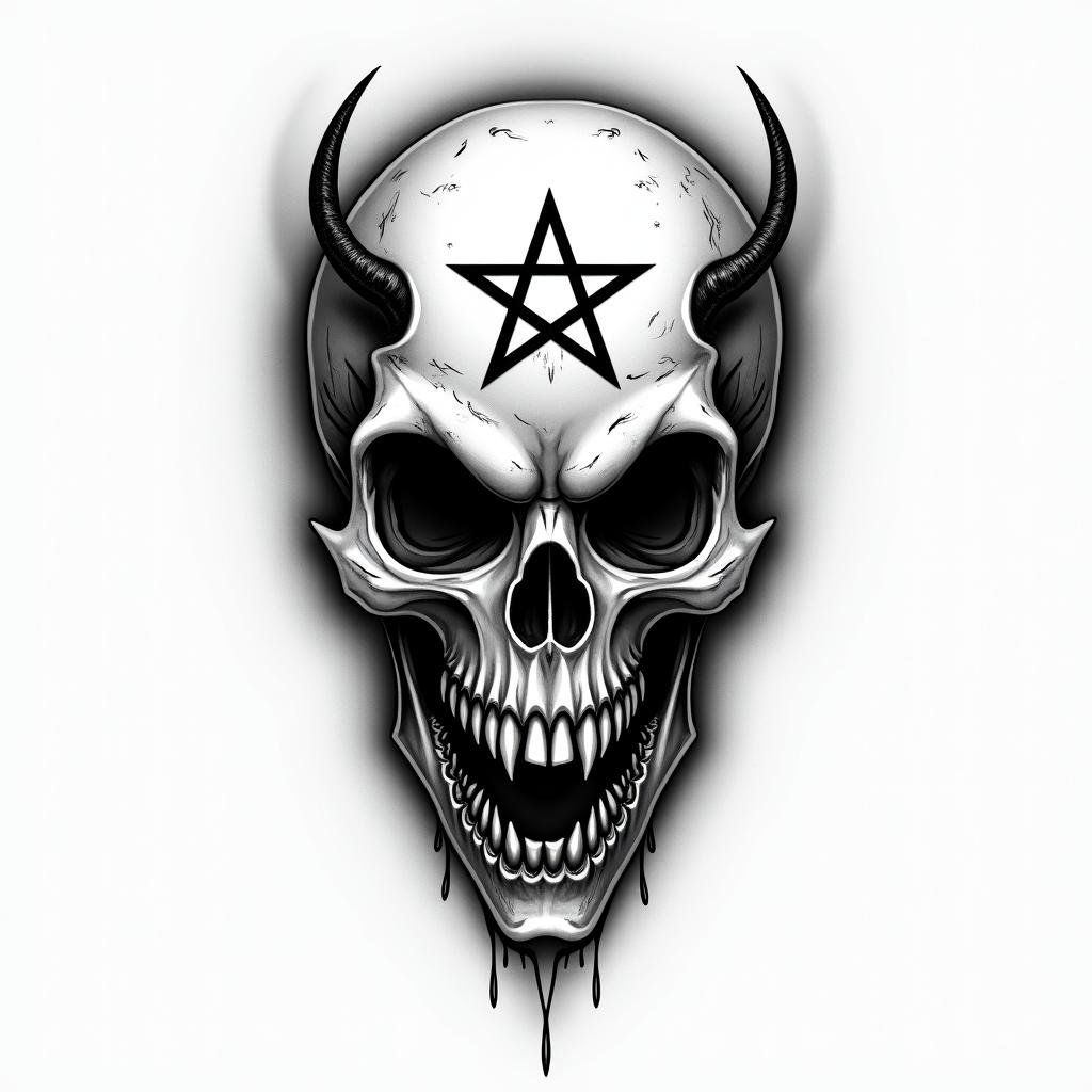 Aquariuscreepy horror tattoo style, featuring an eerie and unsettling skull of a demonic creature, distorted face with sharp fangs, add pentagram symbol - Variation 2