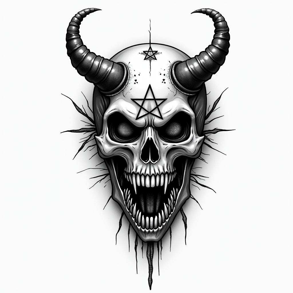 Aquariuscreepy horror tattoo style, featuring an eerie and unsettling skull of a demonic creature, distorted face with sharp fangs, add pentagram symbol - Variation 1