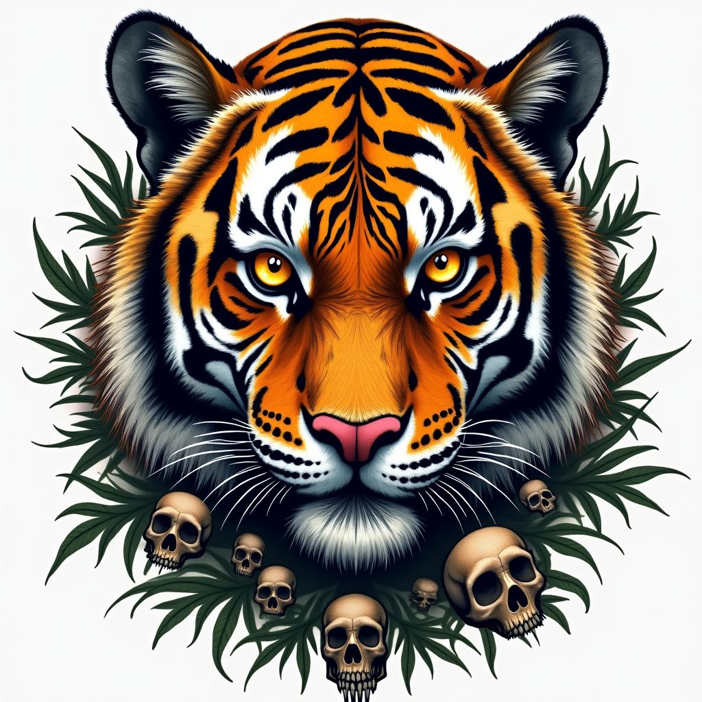 Tiger with intense eyes in a jungle in horror tattoo style, showcasing haunting and unsettling, dark and gritty textures with skulls, eerie faces, jgged designs, bold and intense shading - Variation 2
