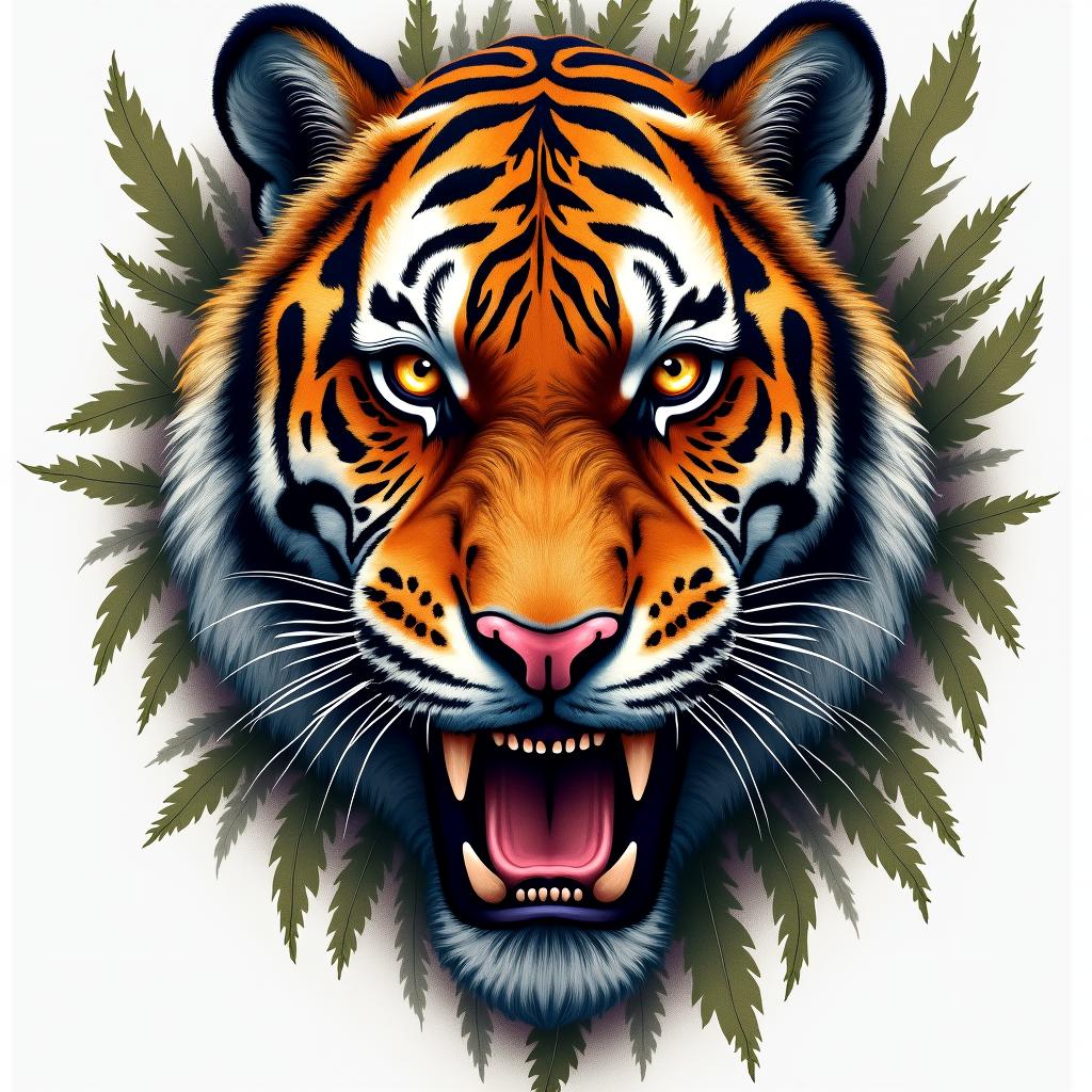 Tiger with intense eyes in a jungle in horror tattoo style, showcasing haunting and unsettling, dark and gritty textures with skulls, eerie faces, jgged designs, bold and intense shading - Variation 3