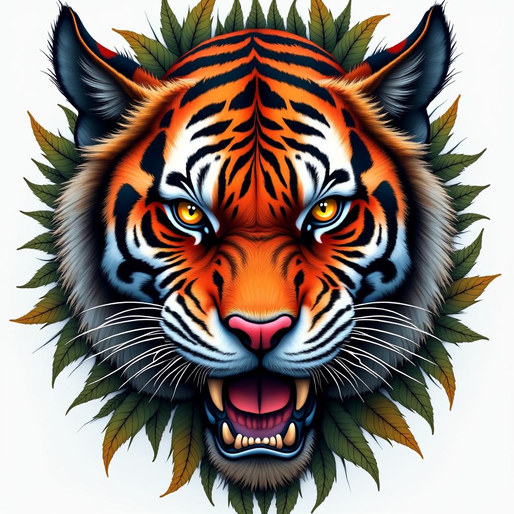 Tiger with intense eyes in a jungle in horror tattoo style, showcasing haunting and unsettling, dark and gritty textures with skulls, eerie faces, jgged designs, bold and intense shading - Variation 4