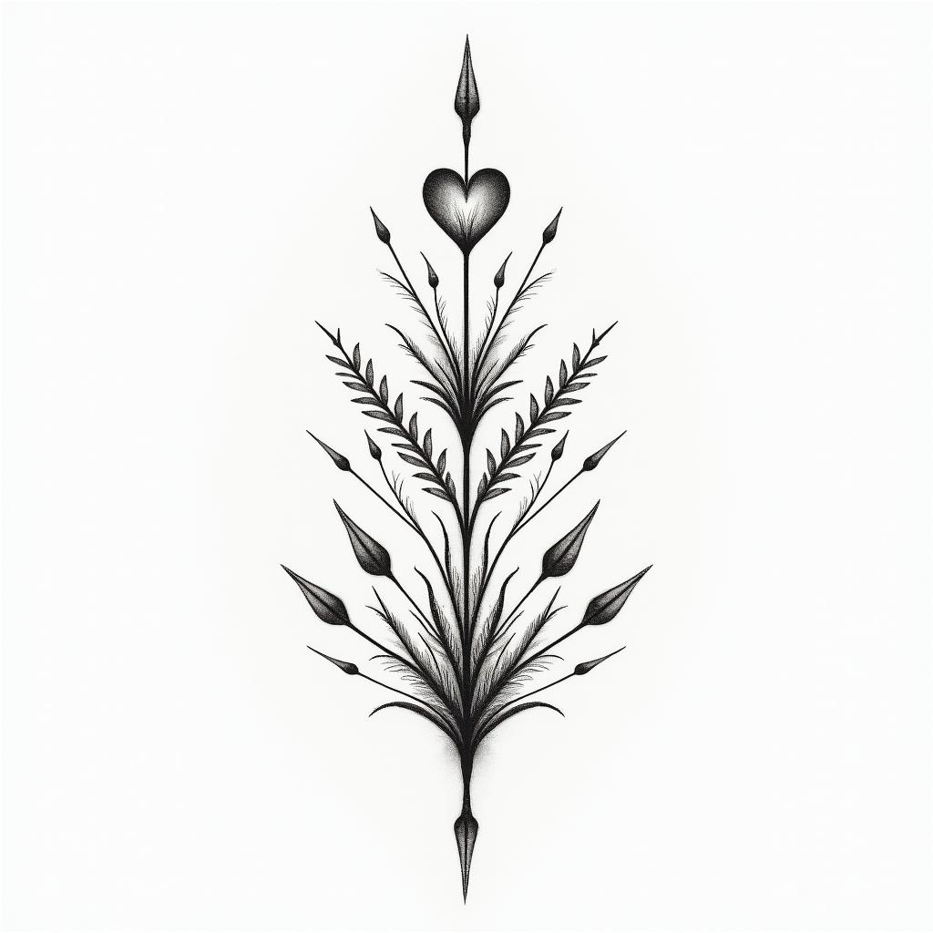I don't want to forget my father's illness. I want to express it with waveforms and arrows. Something simple would be good. I want to include flowers of love.in Modest style tattoo, featuring soft, delicate line work with simple and meaningful symbols, gentle waves, a heart, evoking a sense of serenity and grace, - Variation 1