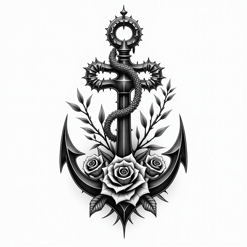 Anchor entwined with roses and thorns. Adventure, freedom, mountain, roadin paganic style tattoo, featuring ancient symbols, add vegvisir symbol, mystical figures, incorporating designs, pentagrams, runes, crescent moons,
