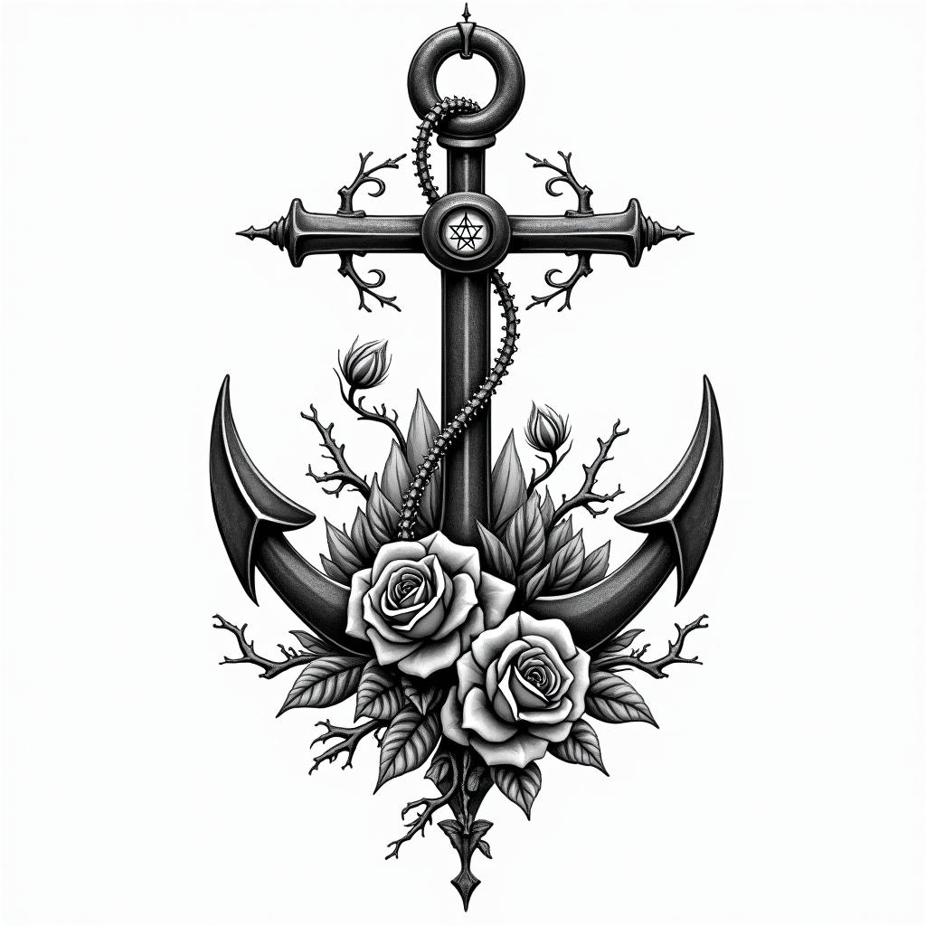 Anchor entwined with roses and thorns. Adventure, freedom, mountain, roadin paganic style tattoo, featuring ancient symbols, add vegvisir symbol, mystical figures, incorporating designs, pentagrams, runes, crescent moons, - Variation 4