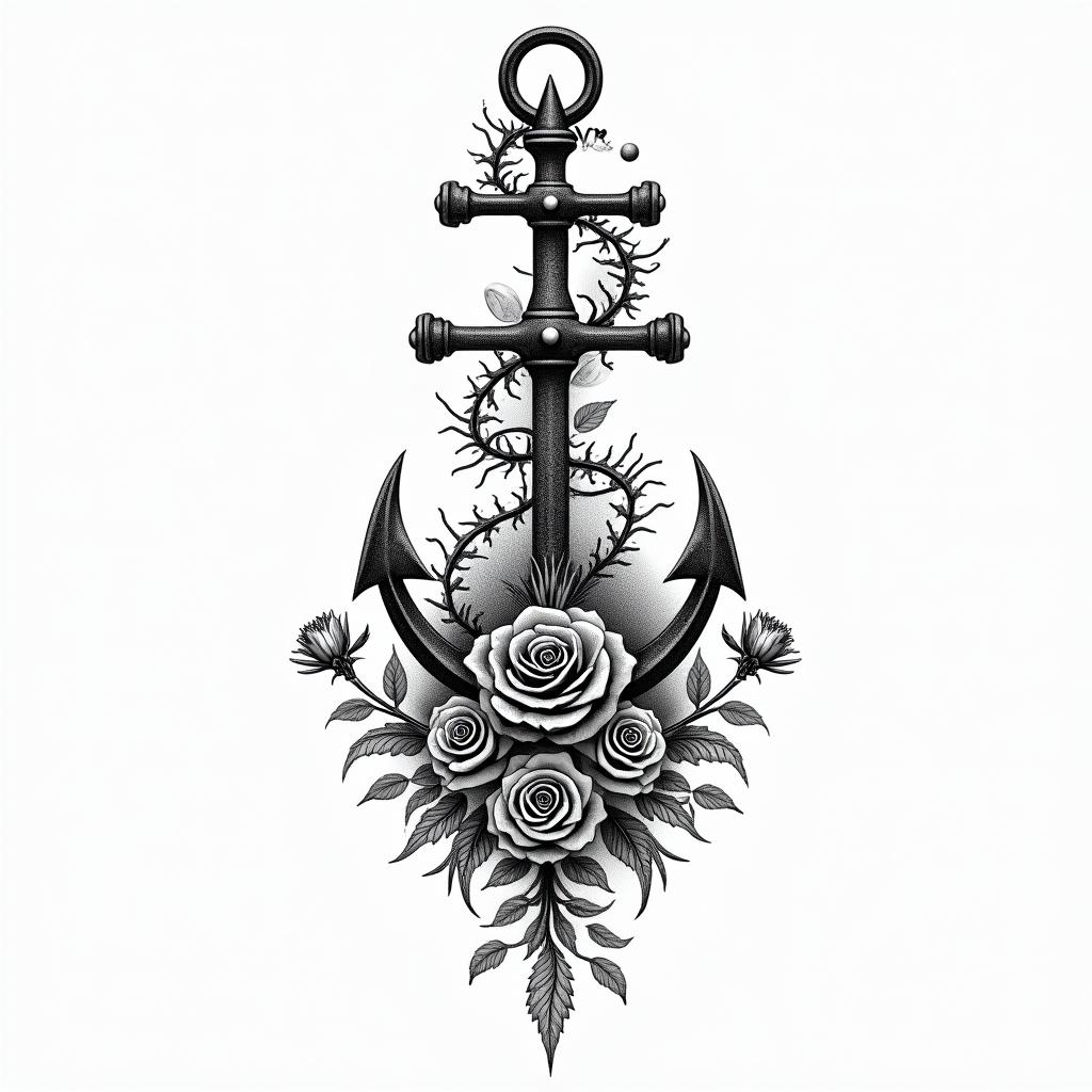 Anchor entwined with roses and thorns. Adventure, freedom, mountain, roadin paganic style tattoo, featuring ancient symbols, add vegvisir symbol, mystical figures, incorporating designs, pentagrams, runes, crescent moons, - Variation 3