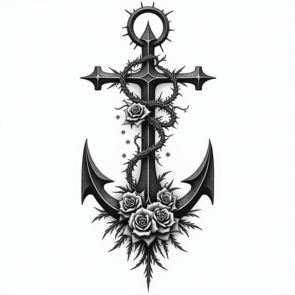 Anchor entwined with roses and thorns. Adventure, freedom, mountain, roadin paganic style tattoo, featuring ancient symbols, add vegvisir symbol, mystical figures, incorporating designs, pentagrams, runes, crescent moons, - Variation 2