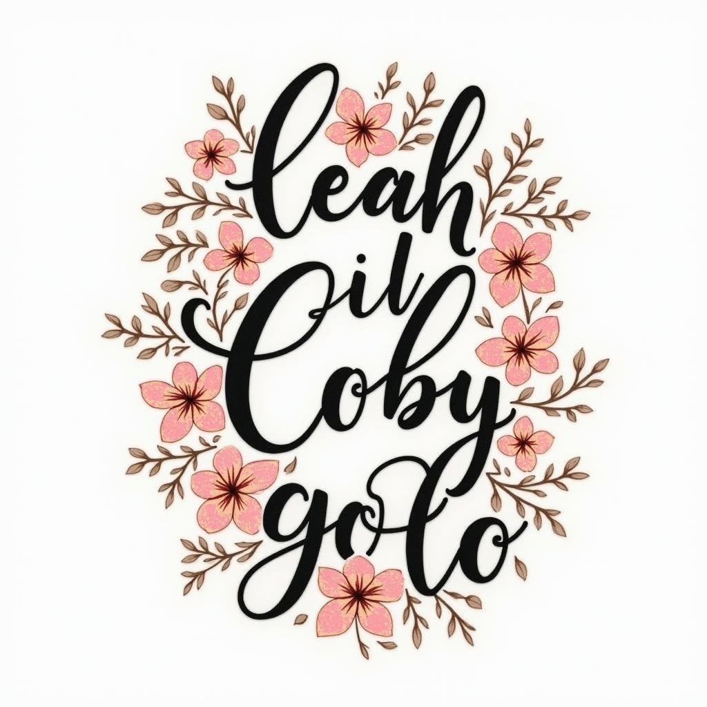 A beautifully designed tattoo featuring the names "Leah," "Lily," "Coby," and "Cleo" in elegant, flowing script. Each name is accompanied by unique symbols representing each child's individuality, intertwined with soft floral elements symbolizing family unity and love, using a harmonious color palette that reflects warmth and affection.higly detailed tattoo - Variation 3