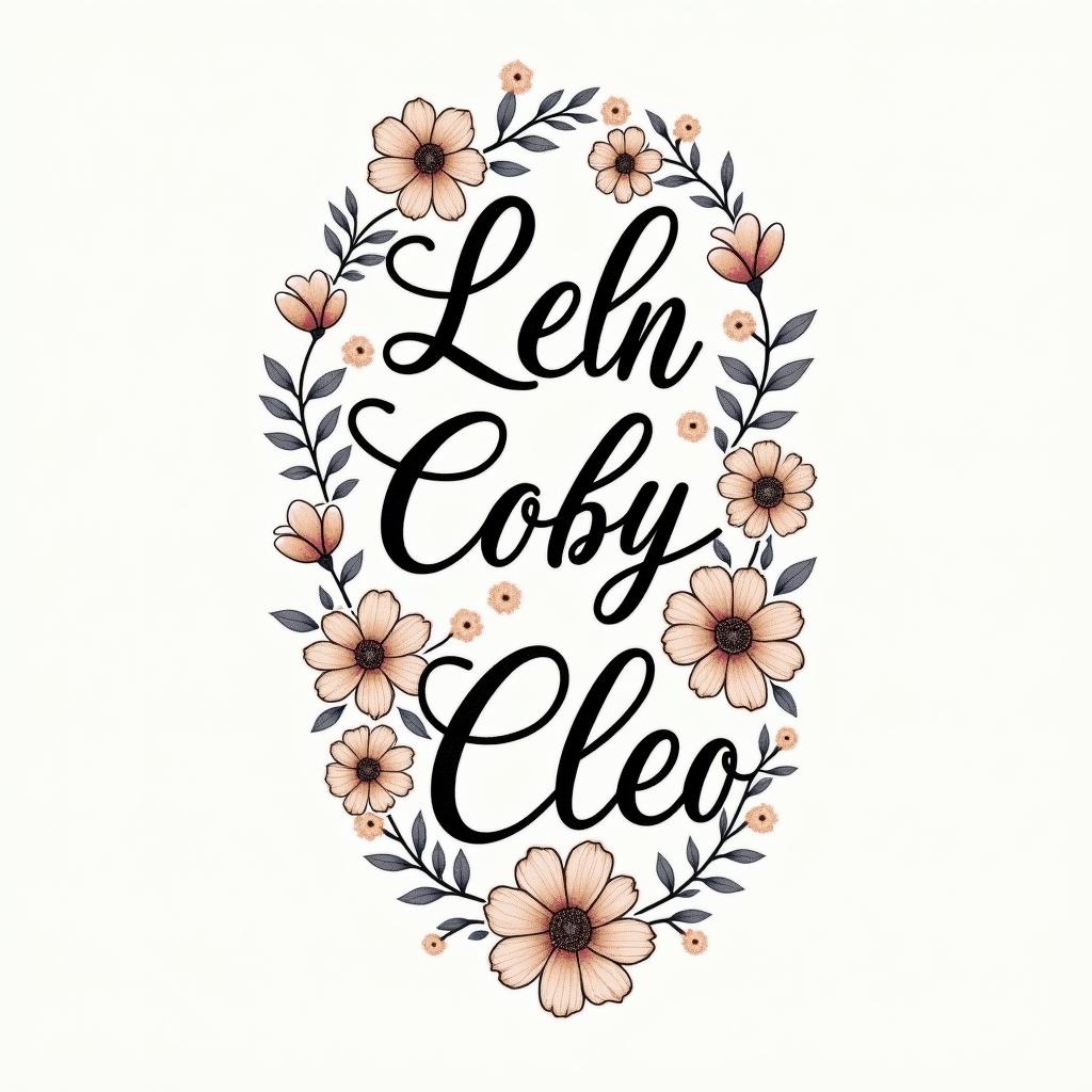 A beautifully designed tattoo featuring the names "Leah," "Lily," "Coby," and "Cleo" in elegant, flowing script. Each name is accompanied by unique symbols representing each child's individuality, intertwined with soft floral elements symbolizing family unity and love, using a harmonious color palette that reflects warmth and affection.higly detailed tattoo - Variation 2