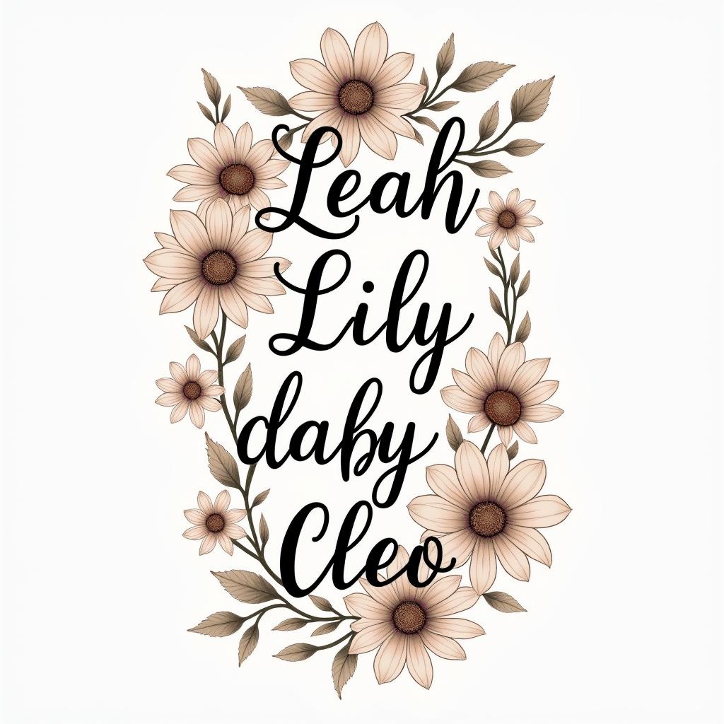 A beautifully designed tattoo featuring the names "Leah," "Lily," "Coby," and "Cleo" in elegant, flowing script. Each name is accompanied by unique symbols representing each child's individuality, intertwined with soft floral elements symbolizing family unity and love, using a harmonious color palette that reflects warmth and affection.higly detailed tattoo