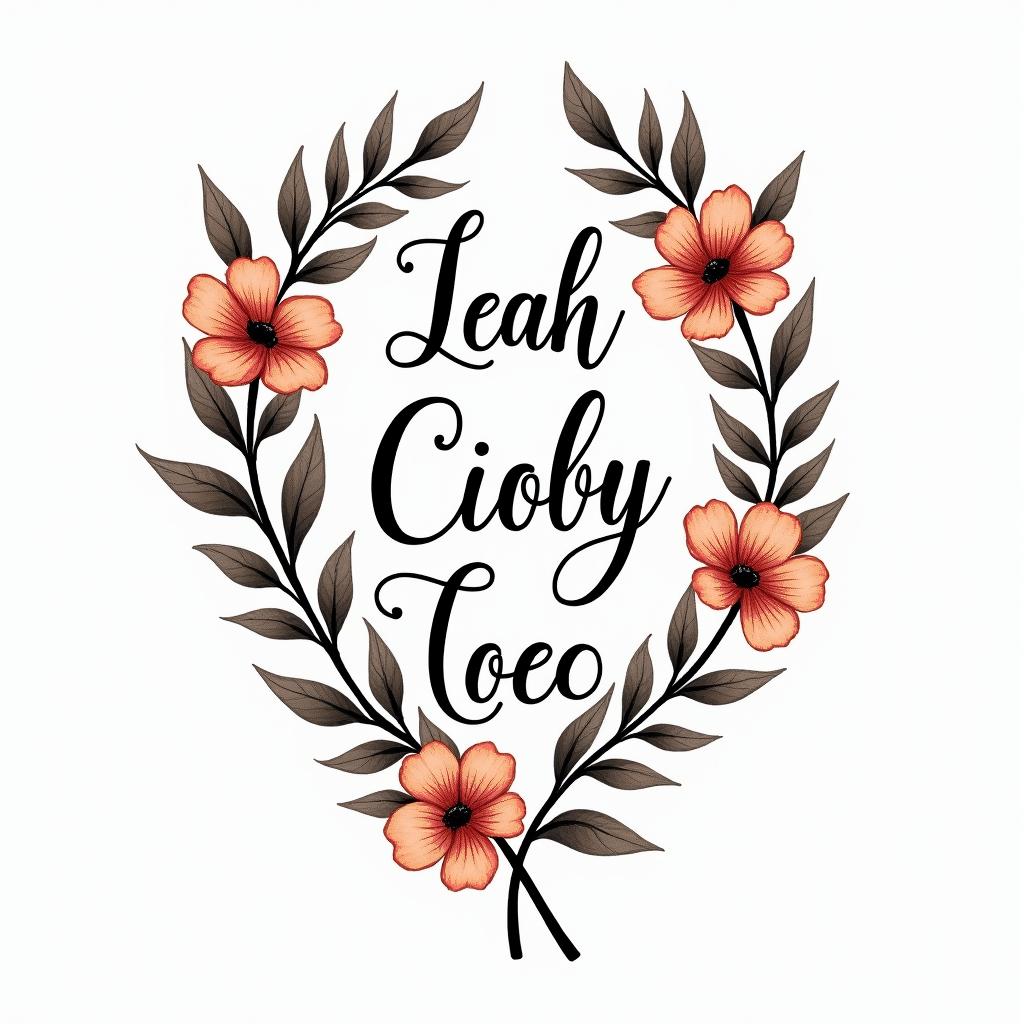 A beautifully designed tattoo featuring the names "Leah," "Lily," "Coby," and "Cleo" in elegant, flowing script. Each name is accompanied by unique symbols representing each child's individuality, intertwined with soft floral elements symbolizing family unity and love, using a harmonious color palette that reflects warmth and affection.higly detailed tattoo - Variation 4