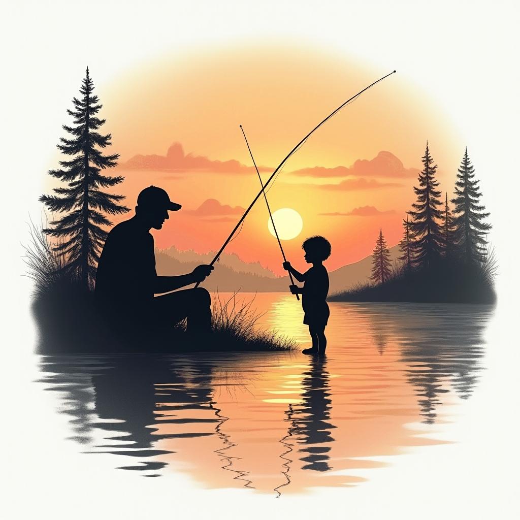 A serene sunset scene depicting a silhouette of a father and child fishing together, surrounded by calm waters and gentle trees, capturing the essence of peace and quiet in nature, with warm, soothing colors reflecting the quiet beauty of fishing memories.higly detailed tattoo - Variation 4